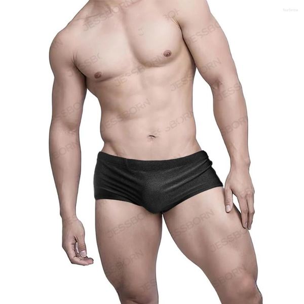 Ropa de baño para hombres sexy para hombre brillante resumen de baño brillante almohadilla negra sólida plano de la playa backing trunks nylon traje de baño seco rápido Sungas