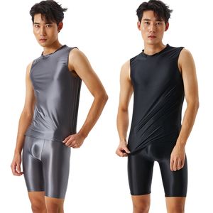 Maillots de bain pour hommes Sexy Silver Shiny Tight Transparent Tank Top Five Point Underwear Oil Fitness Shorts Smooth Swimming Yoga Set Plus Size 230705