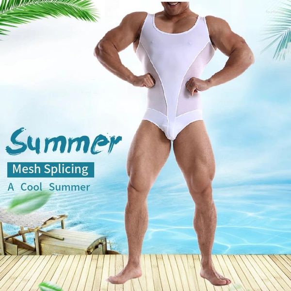 Traje de baño para hombre, traje de baño BOYTHOR de una pieza de verano para hombre, traje de baño sin mangas con empalme de malla, pantalones cortos para nadar, traje de baño, ropa de playa