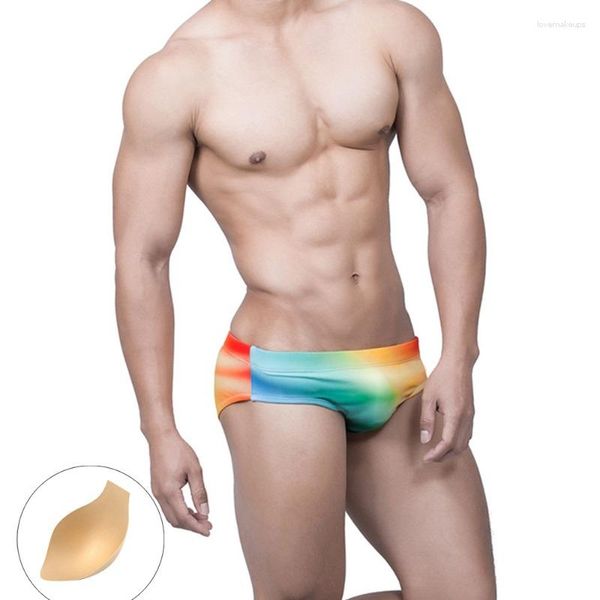 Bañador para hombre, calzoncillos para nadar, pantalones de playa, traje de baño para surfear, traje de baño Sexy de cintura baja con almohadilla degradada para tabla de surf, trajes de baño con realce