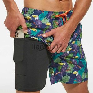 Calções de banho masculinos com bolso com zíper 2 em 1 shorts de praia de secagem rápida leves com proteção solar e forro de compressão J230707