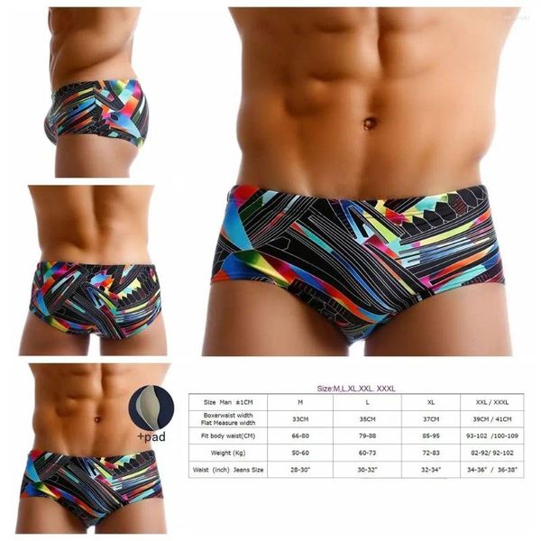 Traje de baño para hombres Troncos triangulares Líneas de colores Traje de baño masculino elástico Comodidad con cubierta de copa Push Up Pad