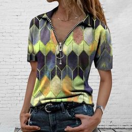 Heren Swimwear Women Tops Vneck Korte T -shirt Geometrische katoenen print Mouw Top Fashion Zipper Blouse Young Style voor Summer 230420