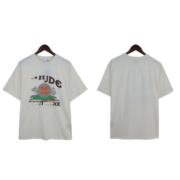 Camiseta para hombre 2024 Primavera/novedad de verano Rhude Palm Tree Beach estampado American Street Casual camiseta suelta y transpirable mangas cortas
