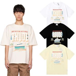 T-shirt pour hommes 24 Nouvelle marque de mode américaine Rhude Yacht Print High Double Fil Pur Coton T-shirt à manches courtes en vrac pour hommes et femmes étudiants t