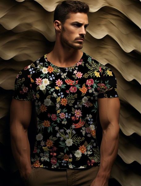 T-shirt pour hommes motif géométrique Top Round Couche 3D MOTEUR FLORAL MOTEUR EXTÉRAVE