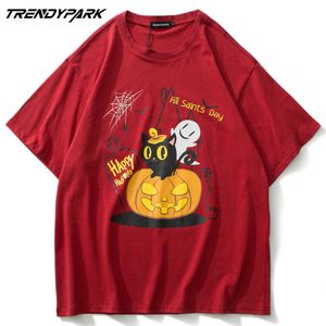 T-shirt pour hommes Halloween Citrouille Chat Noir Imprimé Été À Manches Courtes Tee Coton Casual Harajuku Streetwear Top T-shirts Vêtements 210601