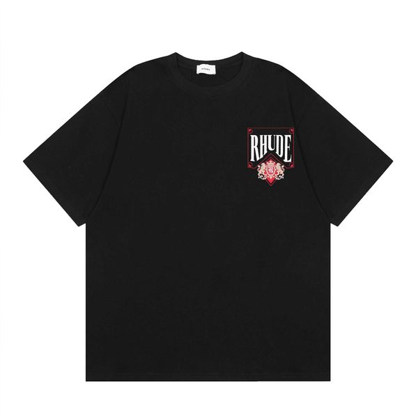 Camiseta para hombre New America Chaogao Street Trend Rhude Wine Red Card Impresión de doble hilo de algodón puro pareja camiseta de manga corta