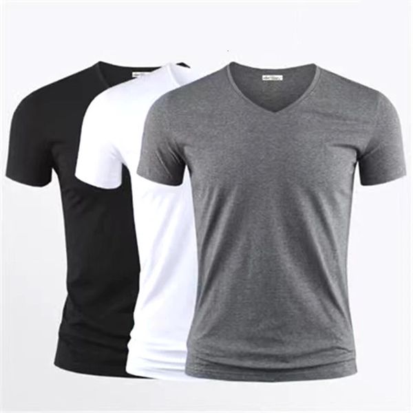 T-shirt pour hommes Couleur pure Col en V Hauts à manches courtes T-shirts Hommes T-shirt Collants noirs Homme T-shirts Fitness pour vêtements masculins TDX01 240106