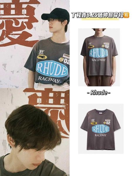 T-shirt pour hommes Rhude Ding Chengxin Même slogan Badge Imprimer American Street Coupe ample Hommes et femmes Printemps / été T-shirt à manches courtes