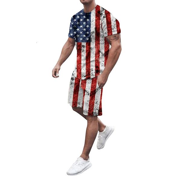 Conjuntos de camisetas para hombres Bandera estadounidense de EE. UU. Chándal con estampado 3D Camisetas Pantalones cortos 2 piezas Ropa de calle Trajes de gran tamaño para hombres Ropa deportiva 240110