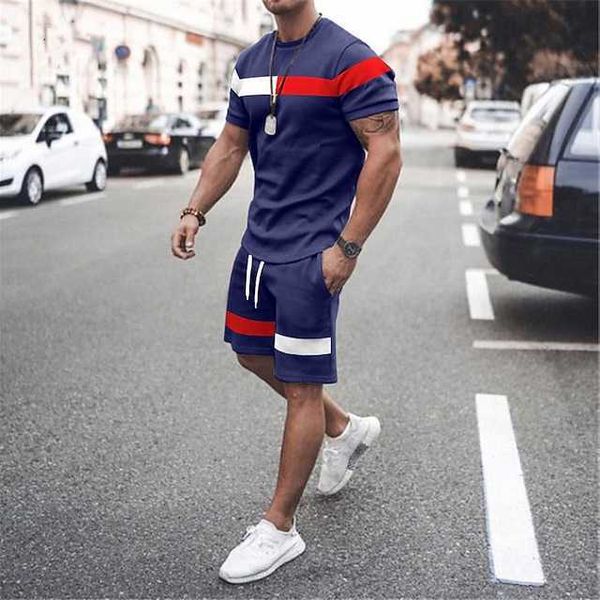 Hombre Camiseta Trajes Camisa de tenis Bloques de color A rayas Cuello redondo Calle Diario Manga corta Ropa Vestir 2pcs Moda Ligero Básico Clásico