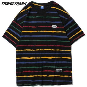 Camiseta para hombre Verano Manga corta Arco iris Rayado Tee Hip Hop Algodón de gran tamaño Casual Harajuku Streetwear Top Camisetas 210601