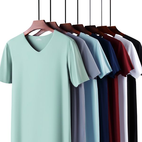 Camiseta para hombre, camisetas finas de manga corta de seda helada de verano sin rastro, camisetas ajustadas elásticas con cuello en V y parte inferior de Color sólido