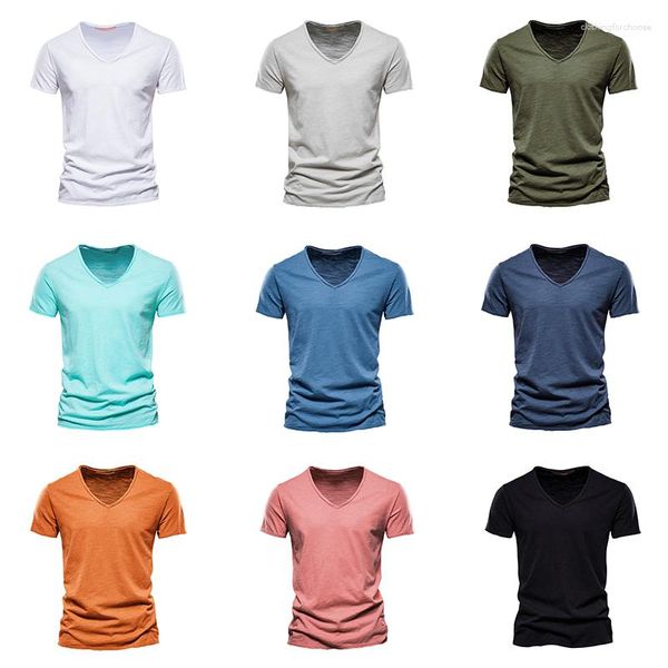 Camisetas para hombre, 10 colores, Camiseta de algodón para hombre, cuello en V, diseño de moda, camisetas ajustadas sólidas, camisetas para hombre, camisa de manga corta para