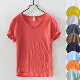 Heren T-shirts 100% katoen Retro Raw Edge Color T-shirt voor heren -Lichtgewicht Ademend Slim-fit Effen Kleur V-hals Casual Kleur T-shirt -Basic Top 230609