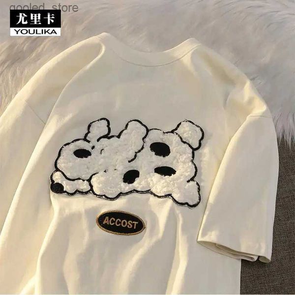 T-shirts pour hommes 100% pur coton style japonais chien en peluche design à manches courtes t-shirt femmes couples lâche tout-match haut Q240316