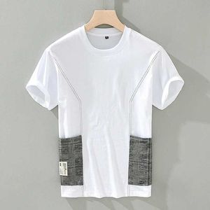 T-shirts pour hommes 182 100% coton et 100% lin patch travail mode T-shirt pour hommes mode d'été à manches courtes double poche jeunesse confortable vintage T-shirt J240322