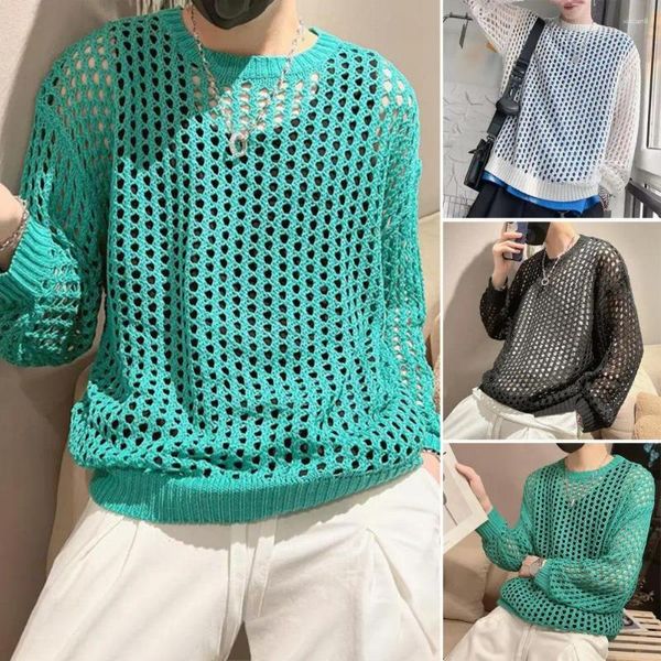 Camisetas para hombres 1pc Hombres Top de manga larga Color sólido Cuello redondo Punto transparente Elástico Hop Mesh Fishnet Clubwear para fiesta