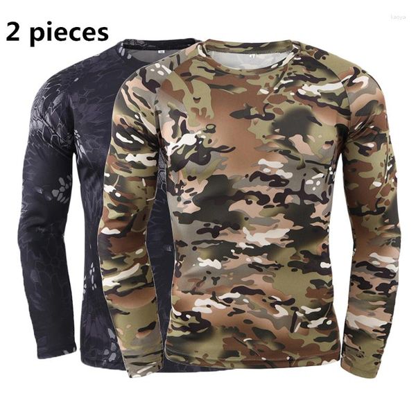 Camisetas para hombre, 2 piezas, camisetas de camuflaje para primavera y otoño, camisetas para hombre, camisetas tácticas militares de manga larga de secado rápido, camisetas del ejército