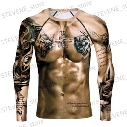 Camisetas para hombres 2022 3D Man's Long Muscle Shirt Tops Desnudo Tatuaje Impreso Pecho Músculo Divertido Fitness T Largo Primavera Verano O-Cuello Apretado 5XL T231219