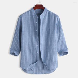 Heren t shirts 2022 shirt top casual gestreepte stand kraagpunten mouw knop katoen vintage strand hawaiian blouse chemise homme homme