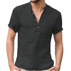 Camisetas para hombre, verano 2022, camisa de lino y algodón para hombre, blusa informal, blusas con abertura en la mitad delantera, camiseta de manga corta Chemise Homme MY350