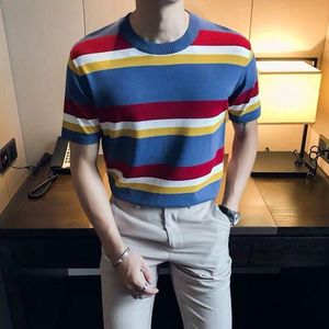 T-shirts voor heren 2022 Zomer Fashion Men Korea Style Ice Silk Knust Sweater Male O-Neck Casual gestreepte korte mouw Tops TEE W08