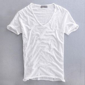 Camisetas de verano para hombre, camisa transpirable ligera informal de manga corta con cuello en V de algodón y lino de Color sólido para hombre