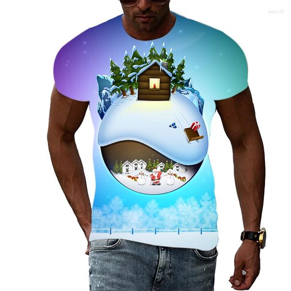 Camisetas para hombres 2023 Hombres 3D Escena de nieve de Navidad Gráfico Moda Casual Interesante Disfraces de vacaciones Hip Hop Harajuku Imprimir camisetas