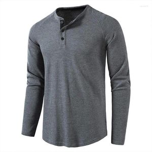 T-shirts pour hommes 2023 Automne Gris Waffle Mens Henley Chemise Casual Couleur Solide Respirant Haute Qualité Manches Longues Tops Basiques Tees Homme