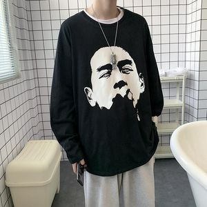 Herren-T-Shirts 2023 Herbst-Langarm-Hemd für Männer O-Ausschnitt Hip Hop-Charakter-Druck-beiläufiges T-Shirt Mann-Baumwolle Harajuku übergroß