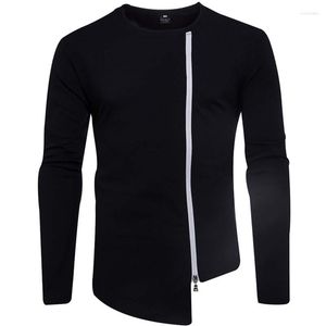 Camisetas masculinas 2023 outono inverno cor pura zíperes laterais casuais preto branco com decote em O Crossfit casacos lazer manga longa roupas camisetas masculinas