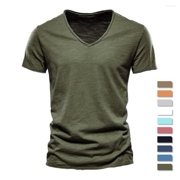 Camisetas para hombre 2023, Camiseta de algodón de marca para hombre, camiseta con cuello en V, diseño de moda, camisetas ajustadas de manga corta sólidas, camisetas para hombre, camisa para