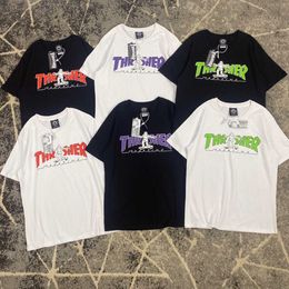 T-shirts voor herenmodemerk geprinte vlam losse ronde nek korte mouw heren en dames tops nieuwe skateboardfiguren T240326