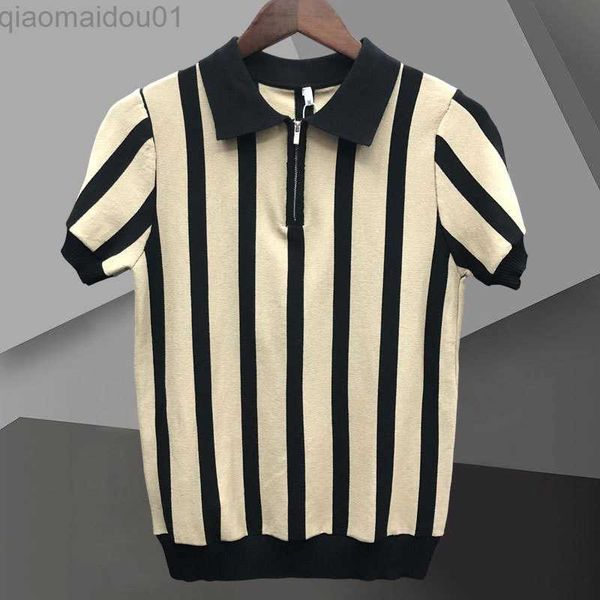 Camisetas de hombre 2023 Rayas contrastantes Casual Slim Lapel Polo Camisa de hombre Summer Zipper Knit Lapel T-shirt Polo Mannen Polo Camisa Hombre L230713