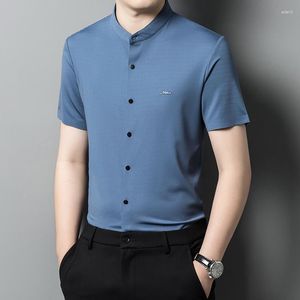 T-shirts pour hommes 2023 Élégant Col Mandarin Gents Casual Bleu Vert Bureau Porter Grande Taille Blouse Mari Vêtements Pour Hommes Mode Gris