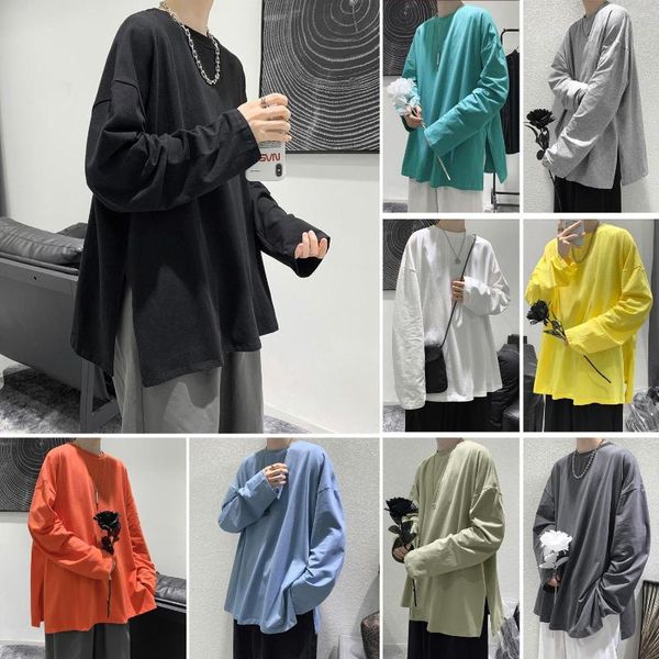 Camisetas para hombres 2023 Moda Otoño Color Sólido Suéter de manga larga Ajuste suelto Cool Slit Pullover Pareja Top