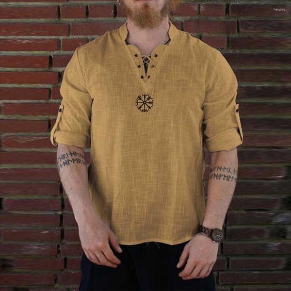 Camisetas para hombre 2023, ropa de moda, camiseta de lino pirata, camiseta nórdica para hombre, camiseta con cordones para Cosplay, ropa informal transpirable