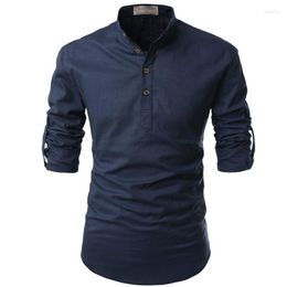 Hommes t-shirts 2023 mode hommes lin à manches longues bouton solide ample automne robe Henley mâle marque vêtements Vintage chemise