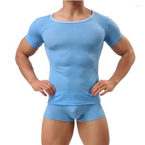 Camisetas de hombre 2023 moda Sexy hombres malla camiseta hombre Fitness poliéster camisetas Gay cuello redondo transparente tamaño S M L XL