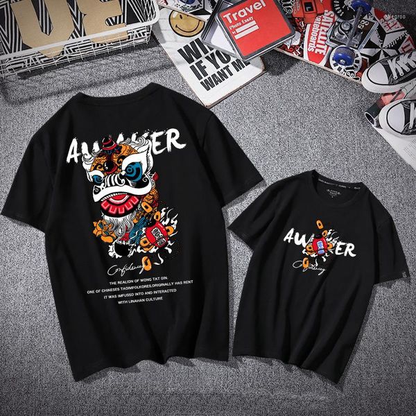Hommes t-shirts 2023 Harajuku mignon dessin animé Lion danse impression T-Shirt Style chinois surdimensionné vêtements amples Hip Hop décontracté coton hommes
