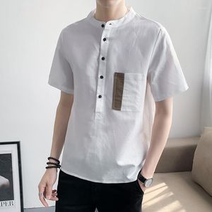 Camisetas para hombre 2023, camisa informal de lino de manga corta de alta calidad, camiseta china ajustada con cuello levantado y manga de cinco puntos, 2023