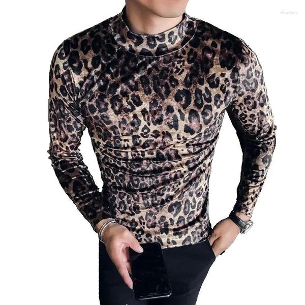 Camisetas para hombre 2023, camiseta de alta calidad, cuello de otoño e invierno, camiseta ajustada ajustada a la moda de leopardo para hombre, camiseta informal de manga larga 4XL-M