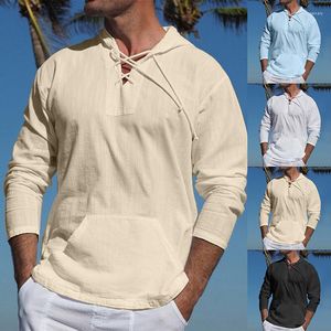 Hommes t-shirts 2023 hommes printemps été décontracté Tropical coton lin sangle poche couleur unie à capuche à manches longues T-Shirt chemise