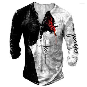 T-shirts pour hommes 2023 T-Shirt pour hommes T-shirt en coton Jésus-Christ Vintage chemise imprimée en 3D boutonnée à manches longues surdimensionné décontracté hommes hauts