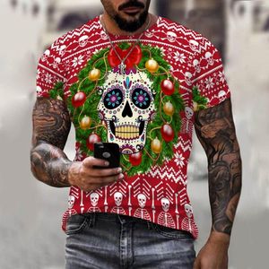 T-shirts pour hommes 2023 T-shirt pour hommes Hawaii Camisia Casual One Button Christmas Skull Print Short Sleeve Shirt Top