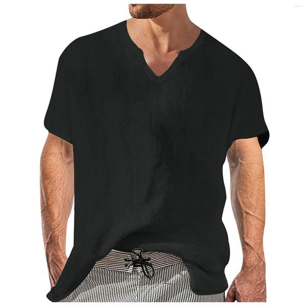 Hommes t-shirts 2023 hommes coton lin T-shirts été V sans col à manches courtes couleur unie vêtements de plage bureau homme t-shirt hauts