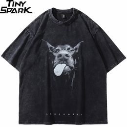 Camisetas para hombre 2023 Ropa de calle para hombre Hip Hop Oversized Funny Doberman Dog Graphic Vintage Washed Black shirt Harajuku ee Cotton 230222