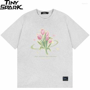 T-shirts pour hommes 2023 Hommes Streetwear Chemise Tulip Graphic Harajuku Floral T-Shirt Coton Vintage Flowers Tshirt Hip Hop Tops Tees Gris Blanc